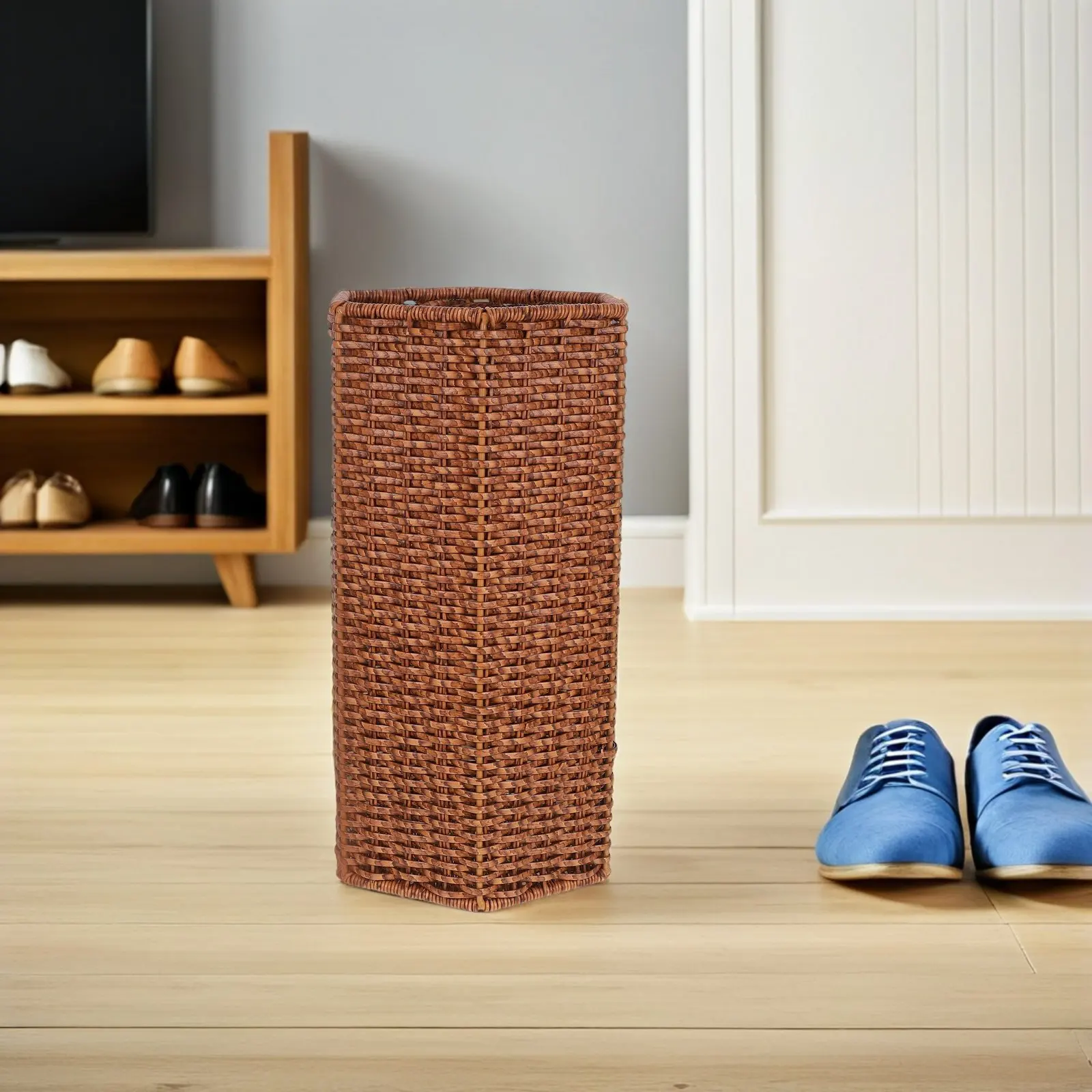 Immagine 7: Portaombrelli in Plastica con Design in Rattan Intrecciato, Organizzatore per Ingresso Interno, Portaombrelli per Hotel e Uffici
