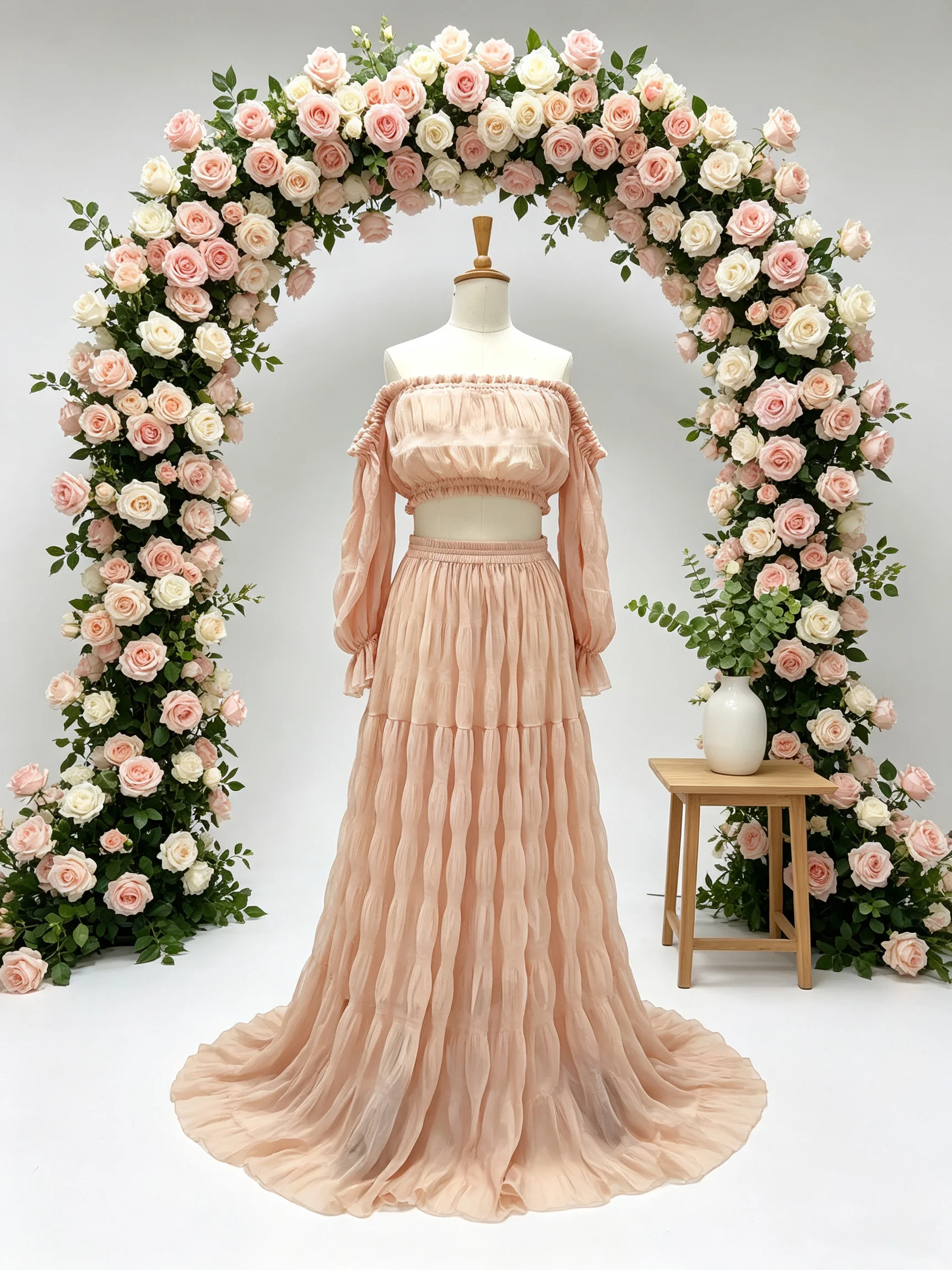 Bare Pink Pleated Chiffon Maternity Dresses For Baby Showers Two-Piece Set Bohemian Photo Shooting Pregnancy Dress