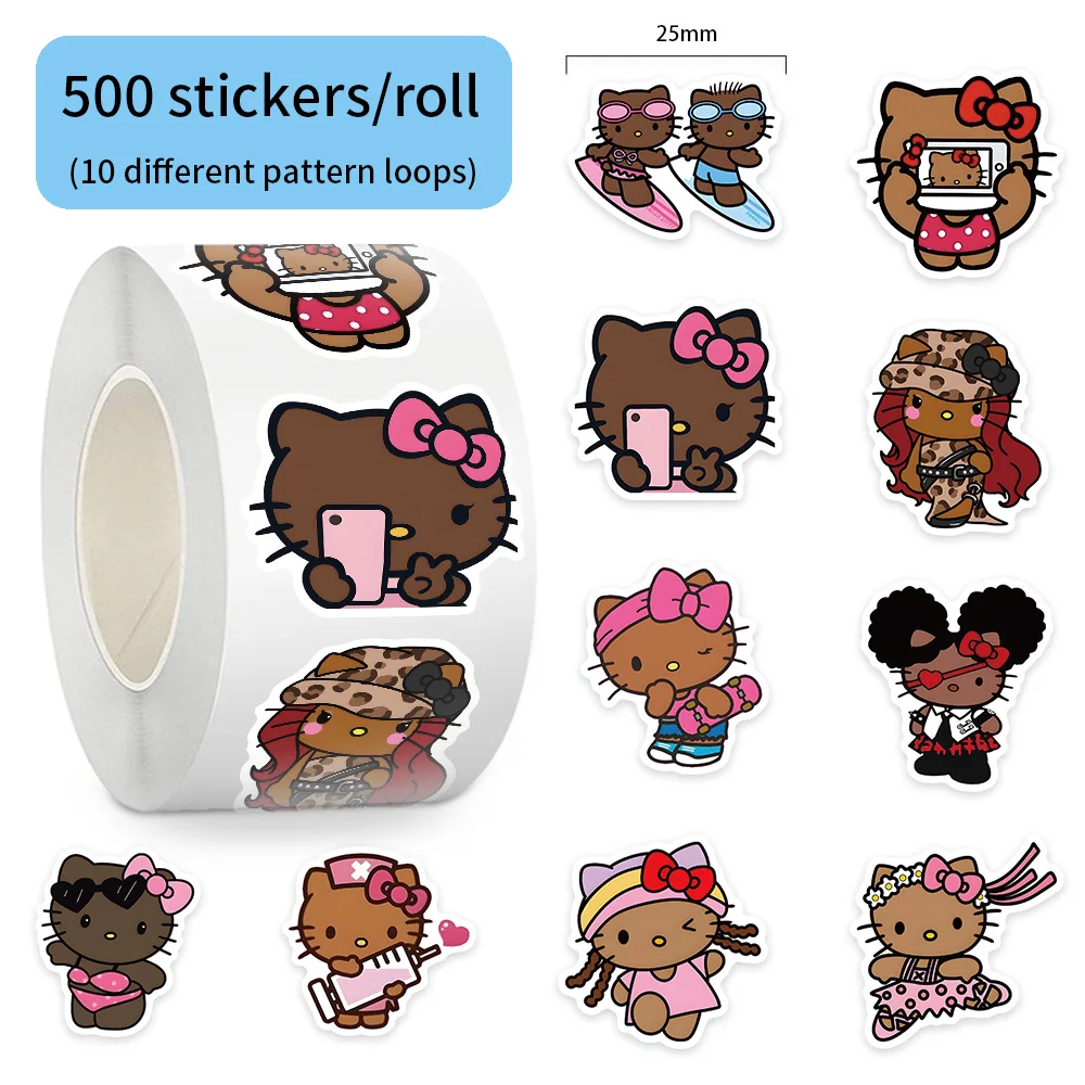 500pcs/Roll Black Hello Kitty Sanrio Stickers Roll DIY Skateboard Laptop Guitar Phone Car Seal Label Decals Decoration Stickers