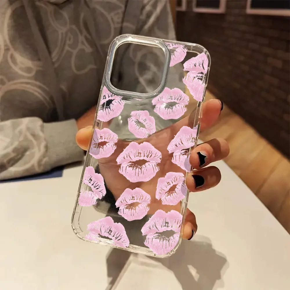 

Cute Pink Lip Aesthetic Clear Phone Case Cover for iPhone 16 11 12 13 14 15 Pro Max 7 8 Plus XR XS X Best Friend Gifts for Women