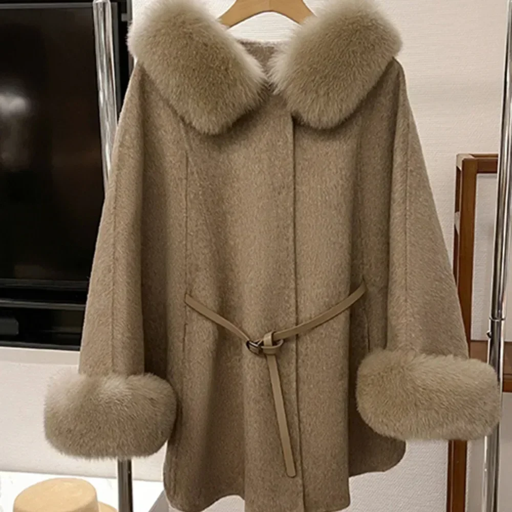 Real Fox Fur Woolen Jacket 2024 New Fashion Winter Women\'s Hooded Belt Warm Luxury Thick Female Coat Cloat Type Batwing Sleeve