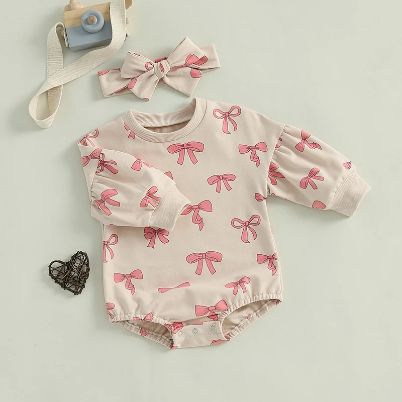 Baby Girl Fall Outfit Bow Print Crew Neck Long Sleeve Sweatshirt Romper Tie-up Headband 2 Pieces Set