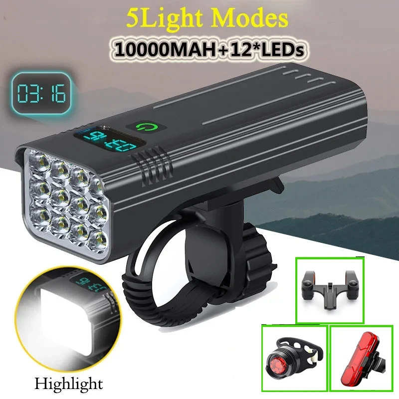 

Bike Bicycle Light 10000mAh USB LED Rechargeable Set Mountain Cycle Front Back Highlight 12 LED Headlight Lamp Flashlight