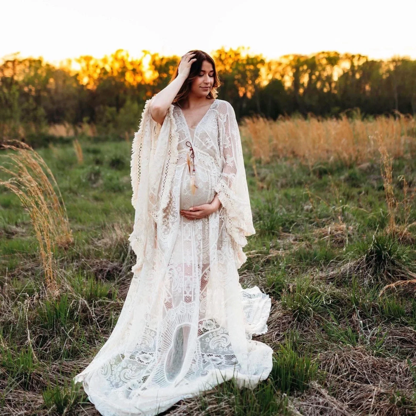

Batwings Sleeve Boho Maternity Photo Shoot Outfit Long Dress Tassles Lace Free Size Adjustable Pregnant Woman Photo Session Wear