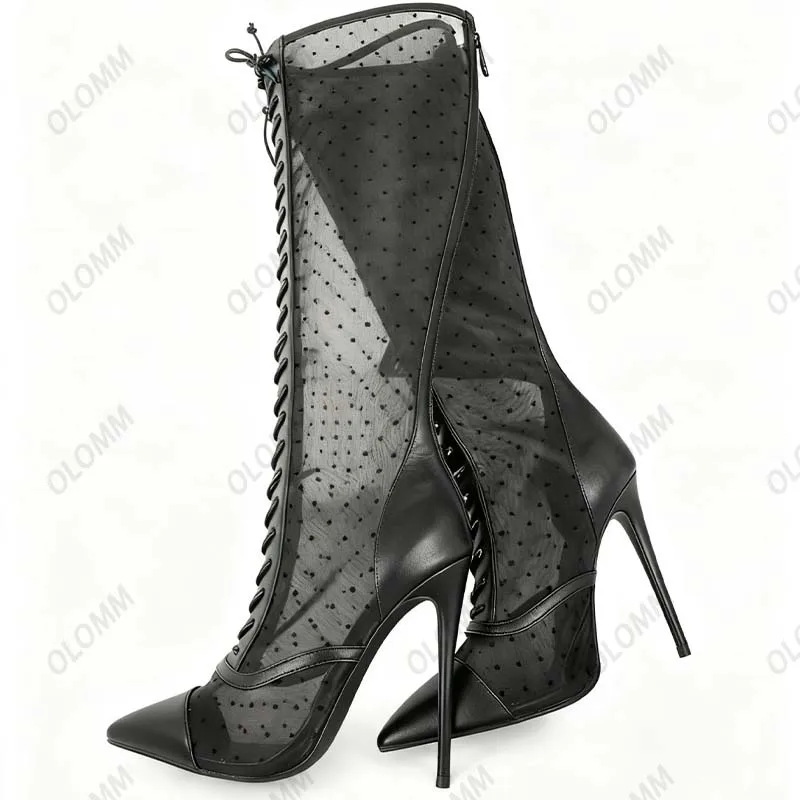 Olomm الحرفي وضعت بقماش شفاف الأحذية السوداء البولكا نقطة نمط الركبة طول الدانتيل متابعة تصميم عالية الكعب أحذية الموضة حجم 5-15 #3