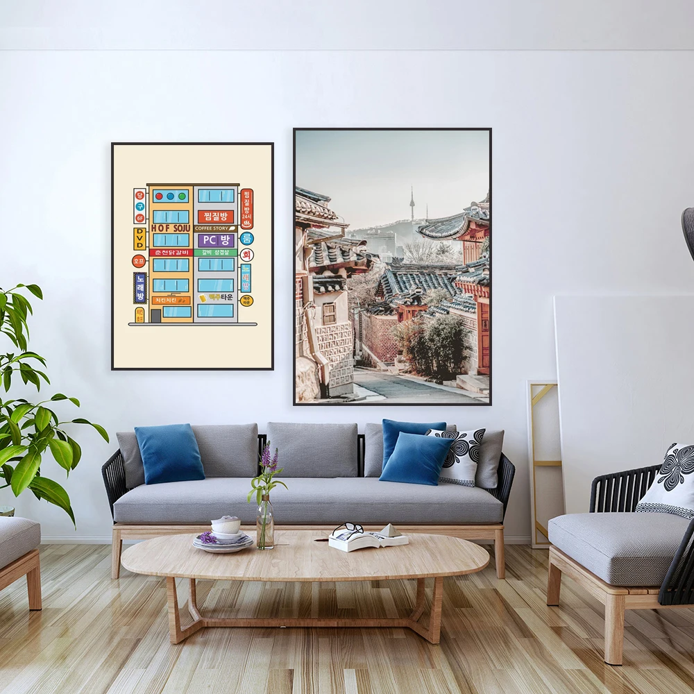 Korean storefront and building prints, Korean quarter scene graphic design, Seoul, Korea Hanok Castle travel landscape poster