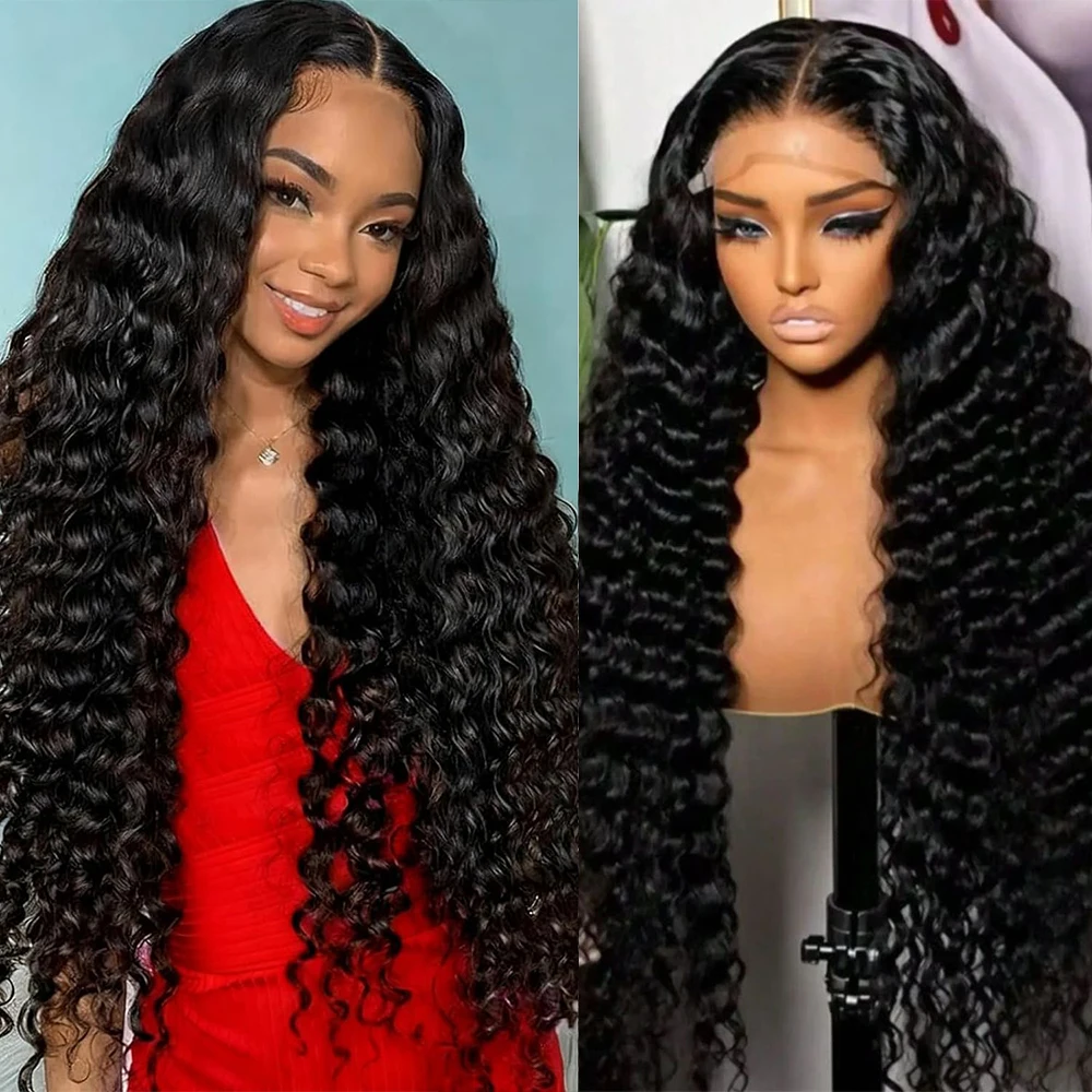 40 Inch Deep Wave Lace Front Wigs Human Hair 200 Density 13x6 HD Transparent Water Wave Lace Closure Front Wigs Human Hair Pre Plucked Deep Curly Wig Glueless Natural Black Human Hair Wigs for Women