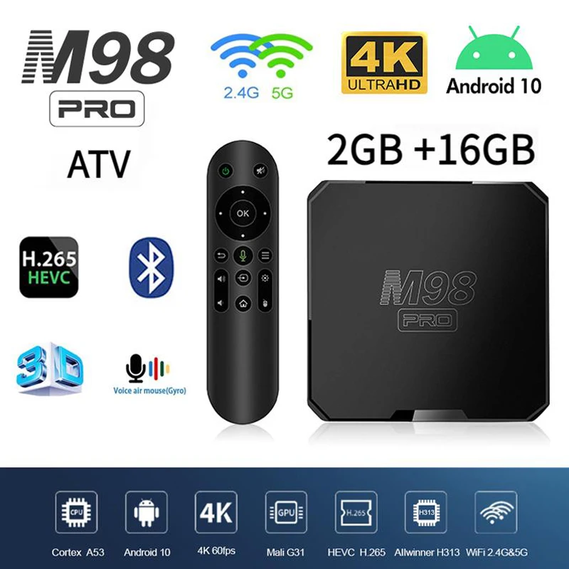 M98 Pro with ATV Smart TV Box Android 10.0 WiFi 6 H313 16GB 64GB Ultra HD 4K 1080P BT Multimedia Player iptv TV Box