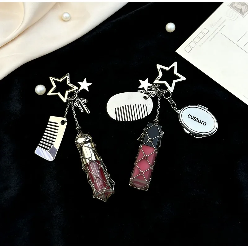 Customized Name Portable Comb Lipstick Bag Keychain Stainless Steel Metal Net Pocket Interchangeable Lip Balm Bag Key Chain