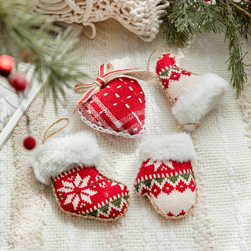 Fabric Christmas Tree Pendant Knitted Plush Christmas Pendant Hanging Decoration Butterfly Knot Love Gloves Boots Ornament