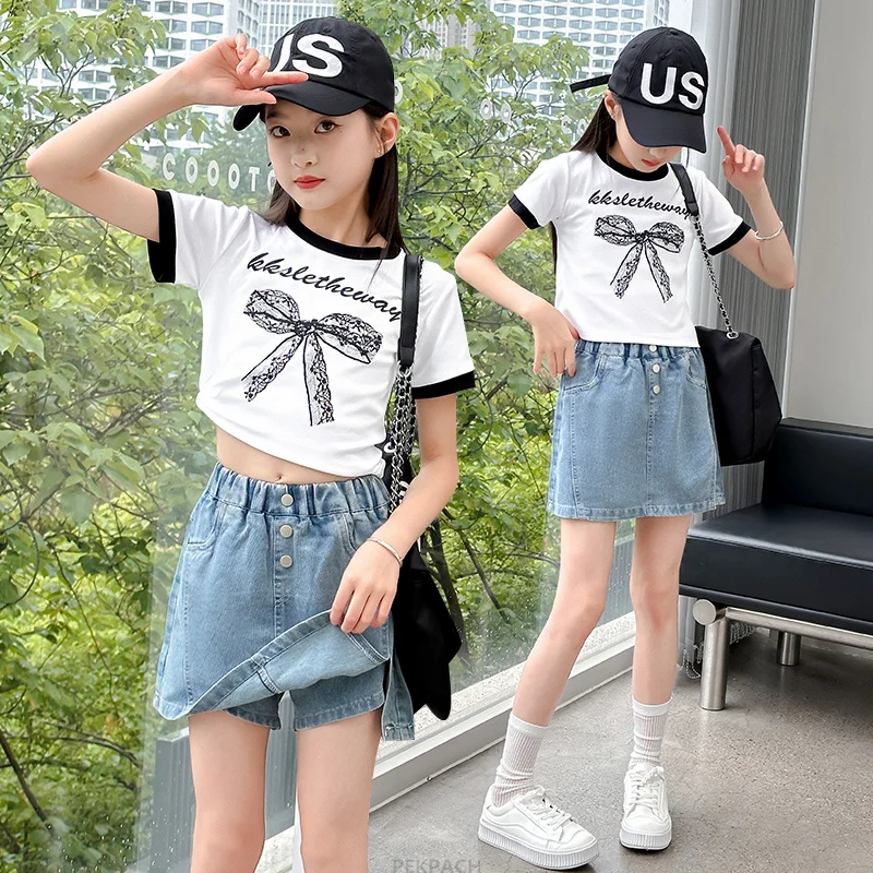 Summer Teenager Clothes Set For Girls Bow Knot Tshirt + Denim Skirt 2PC Clothing Set Kids Child Korean Streetwear Elegant Outfit