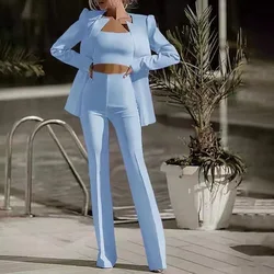 Three Piece Sets Women Full Sleeve Coats Blazer Strapless Long Pants Suits Solid High Waist Trousers Elegant Office Lady