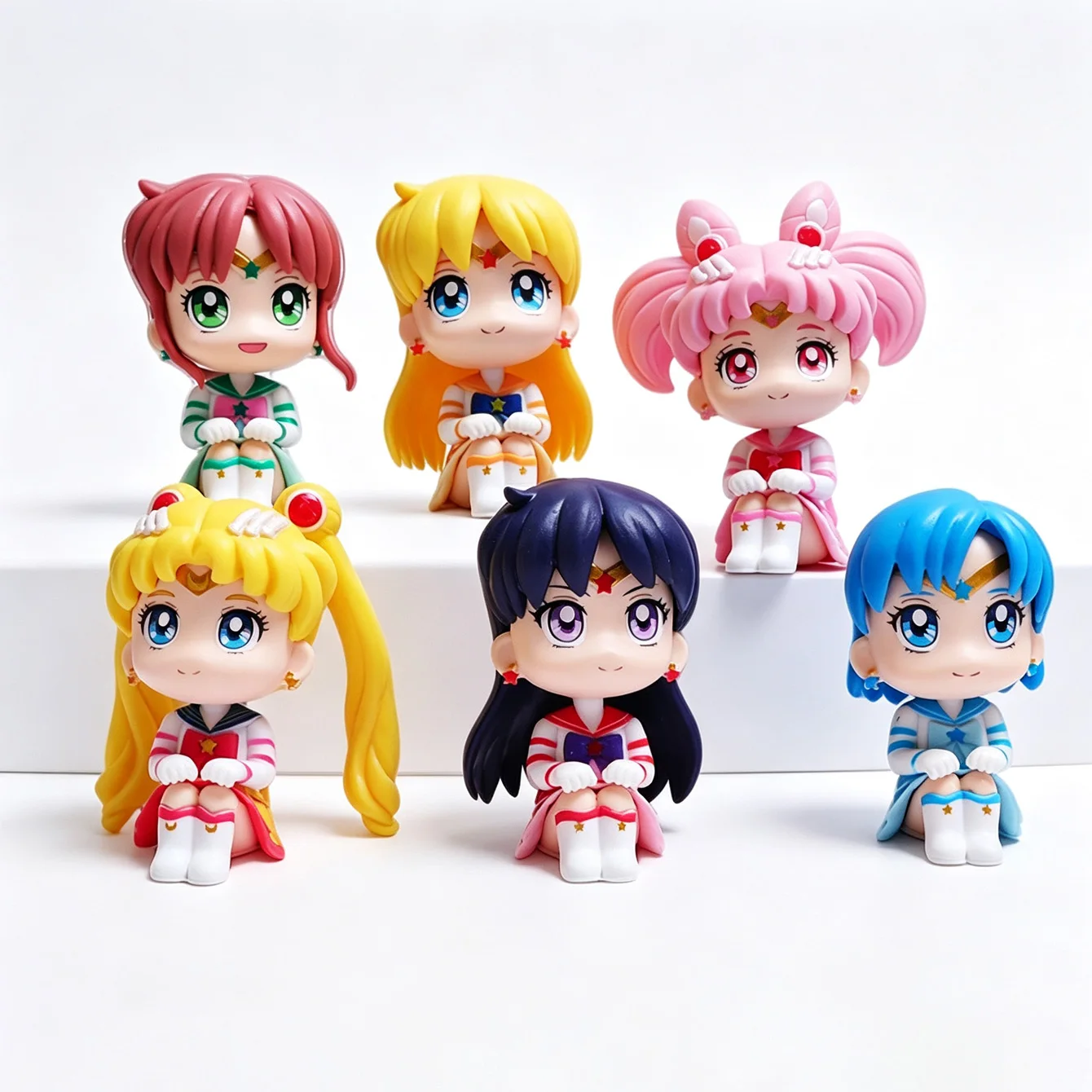 Sailor Moon Chibi Figures Set, Cute Sitting Anime Character PVC Statues, Desktop Collectible Ornaments for Display Gift