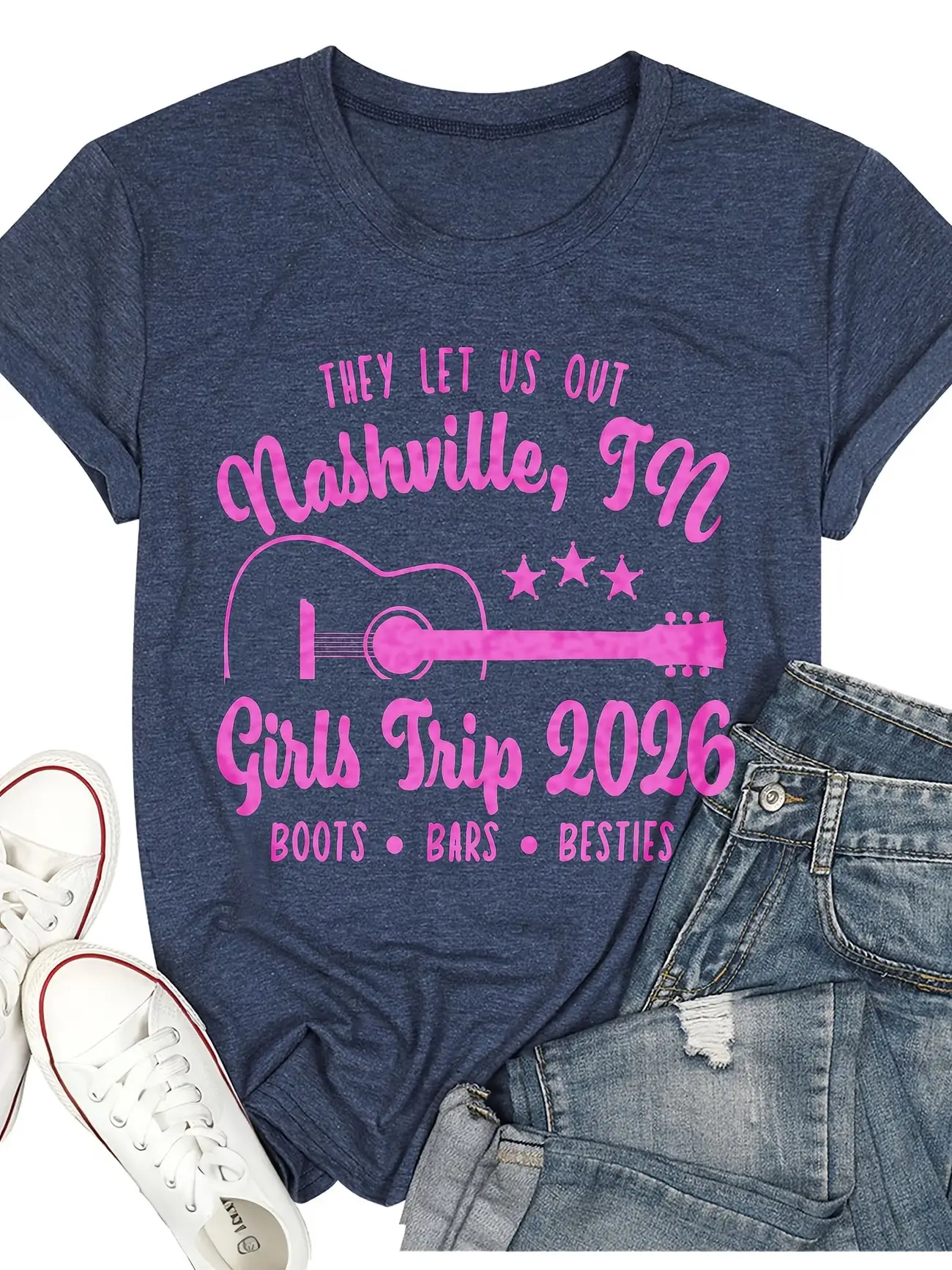 

Plus size women's short sleeve T-shirt They Let Us Out Nashville Tn Girls Trip 2026 Boots Bars Besties Spring and Summer