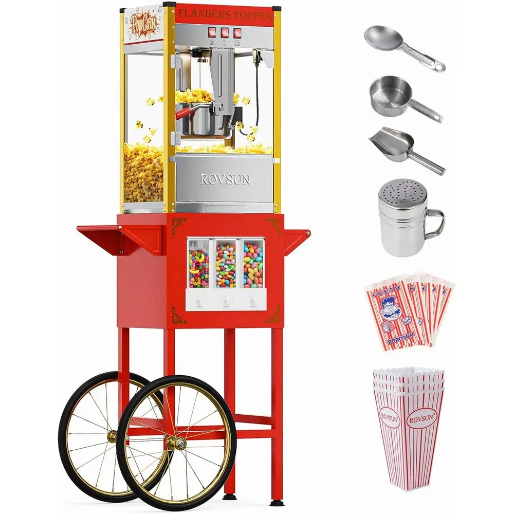 

Тележка для попкорна на колесах, с чайником на 10 унций, диспенсером для конфет, 3 стаканами, для домашнего или коммерческого использования