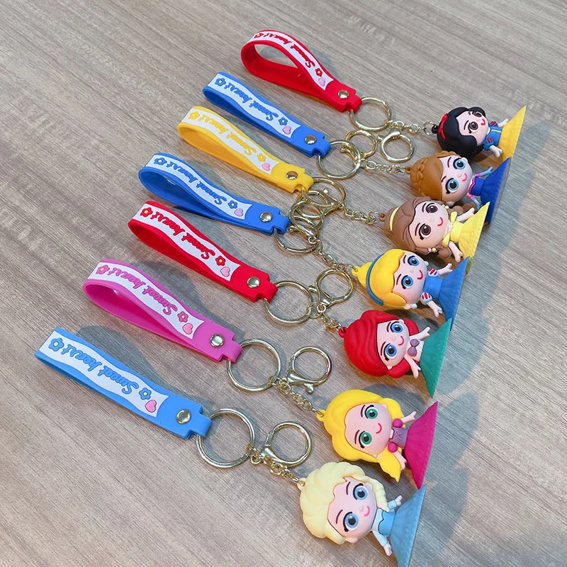 7 Styles Disney Princess Keychains Key Ring Snow White Elsa Ariel Rapunzel Belle Accessories Kids Toy Children Gift