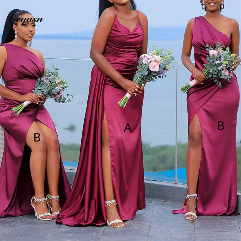 

Mismatched Long Fuchsia Mermaid Bridesmaid Dresses Leg Split Wedding Guest Dress African Black Girls Maid of Honor Gown