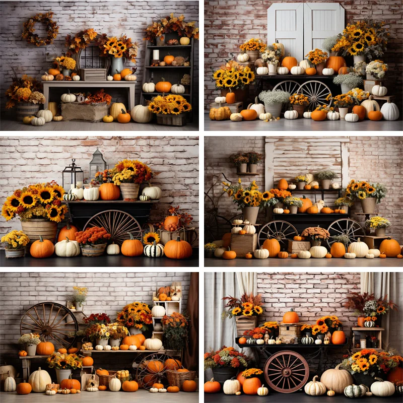 

Photography Backgrounds Pumpkins Brick Wall Sunflowers Fall Thanksgiving Kids Portraits Photo Backdrop Baby Shower Decor Props