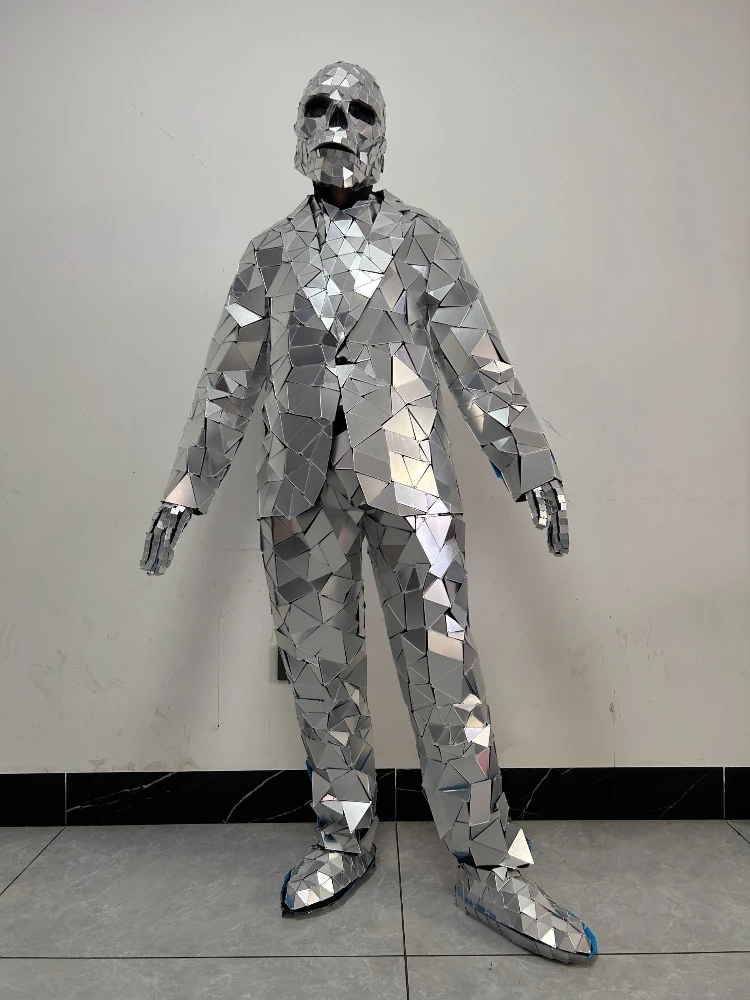 Silver Skull Mirror Man Suit Street Performer Performance Headgear Lens Helmet Art Modeling Props Cosplay Clothing