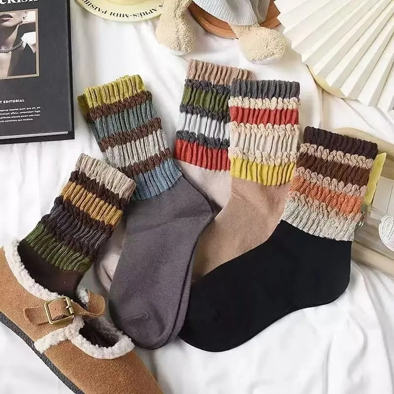 

5 Pairs Sporty Slouchy Striped Rainbow Retro High Grip Socks Korean Style Long Socks Set Casual Slouch Socks Wholesale Hosiery