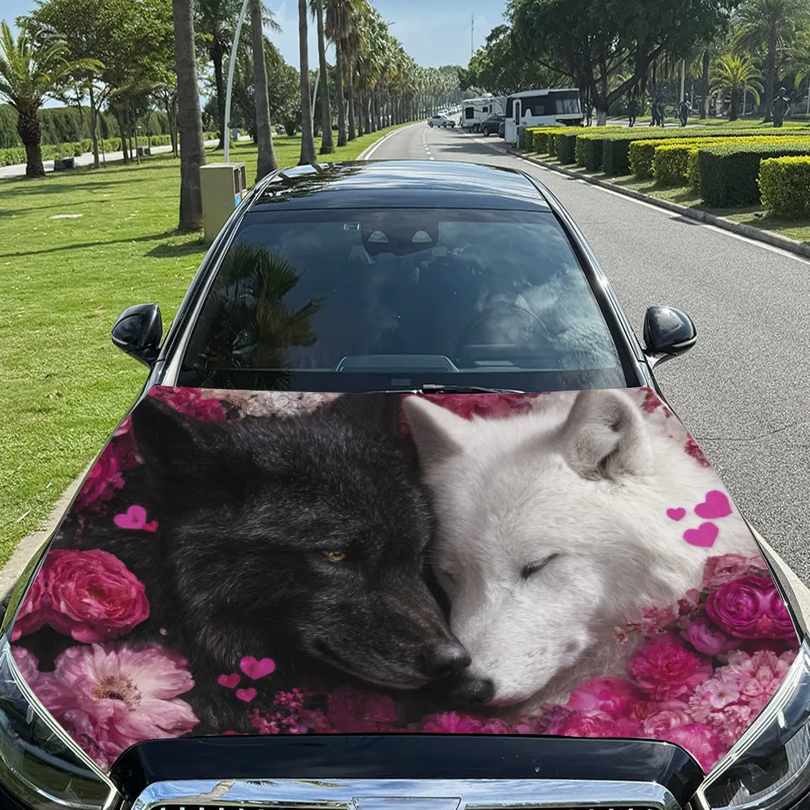 

Wolf Couple in Floral Love Scene Car Vinyl Wrap, PVC Material Waterproof Car Hood Sticker, Self-Adhesive Scratch-Resistant Stick