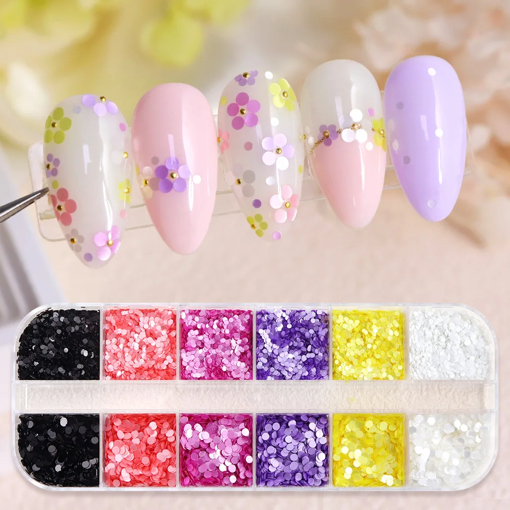 12 Grids Metallic Multicolor Nail Glitter Flakes, Small Round Sequins Black White Red Blue for DIY Nail Art French Tip Decor