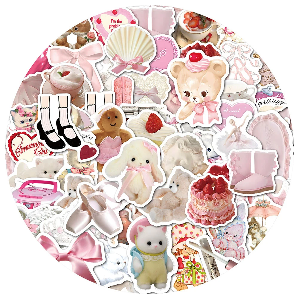 10/30/50pcs Ins Pink Coquette Stickers Aesthetic Kawaii Decals DIY Suitcase Notebook Stationery Cartoon Decal Sticker Packs