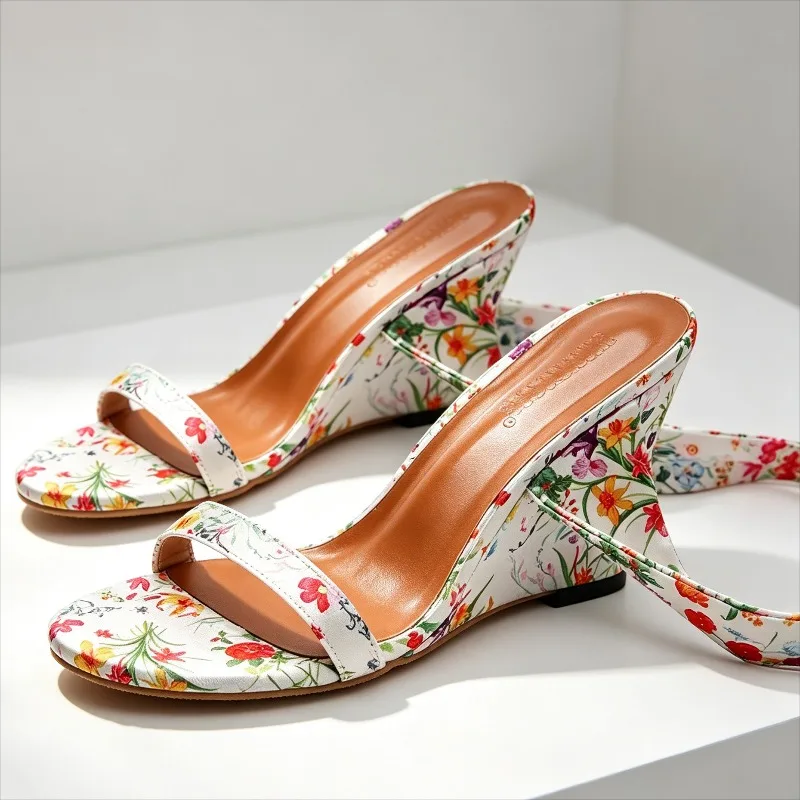 Sandalias de cuña con tiras de cinta floral de estilo bohemio, sandalias sexys de tacón alto con punta abierta para mujer, zapatos elegantes de verano para vestir.