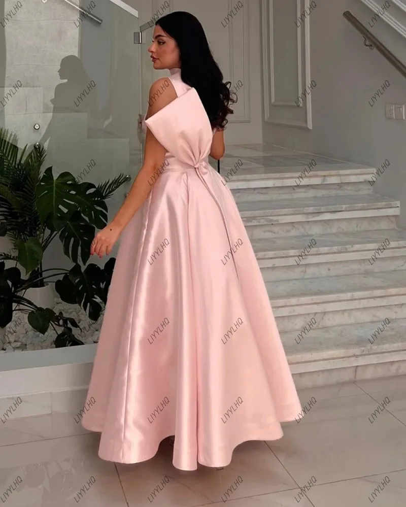 Exquisitos Vestidos de Noche de línea A de cuello alto rosa con lazo en la espalda, vestido elegante hasta el suelo de princesa árabe, vestido de fiesta de boda, vestido de Graduación