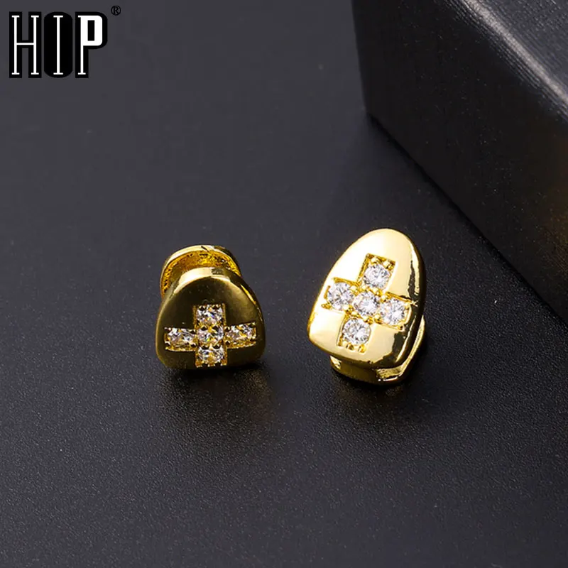 Hip Hop 2pcs Iced Bling Teeth Grillz With Cross Cubic Zircon Caps Micro Pave Top & Bottom Charm Grills For Men Women Jewelry