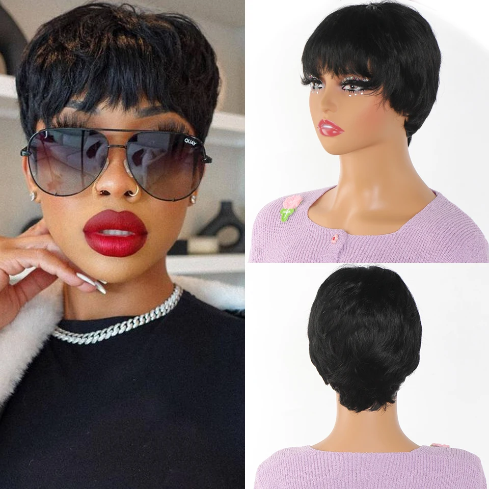 

Short Pixie Cut Wig Hair For Black Women Synthetic Black Natural Layered Wig with Fluffy Bangs Glueless Wig Daily Heat Resistant