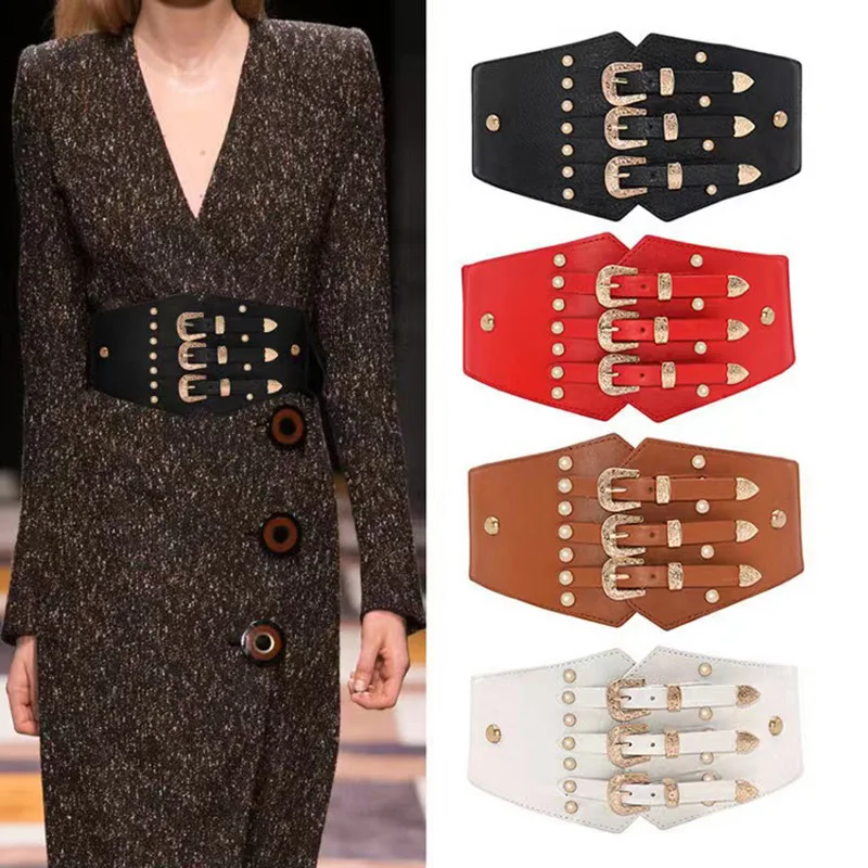 

New European And American Fashion Retro Pattern Buckle Elastic Girdle Wild Women Wide Belt Shirt Dress Coat Rivet Punk Waistband