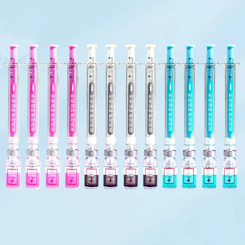 12Pcs Simulation Vaccination Pen Needle Neutral Pens Cylinder Modeling Gel Pens Stationery Black Ballpoint Pen Injection Pens