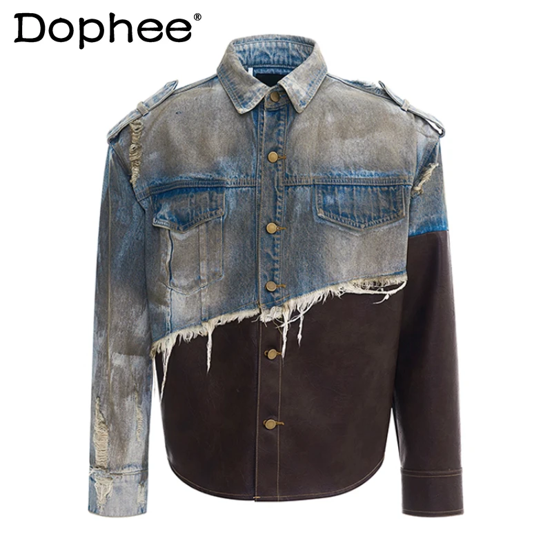 

American Style Retro Faux Leather Denim Jackets Men 2025 Autumn Winter New Long Sleeve Denim Jacket Male Handsome Denim Coats