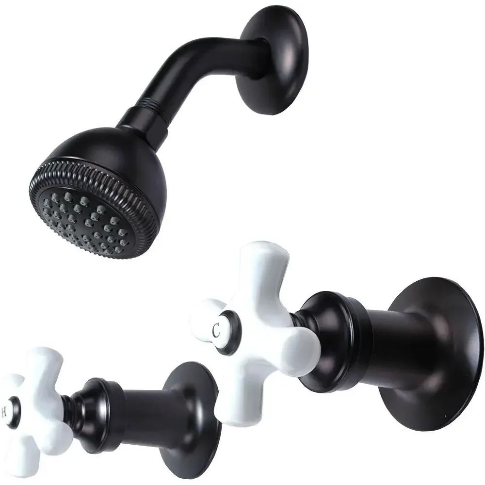 Two-Handle Shower Faucet, Oil Rubbed Bronze Finish, Porcelain Handles, Compression Stems