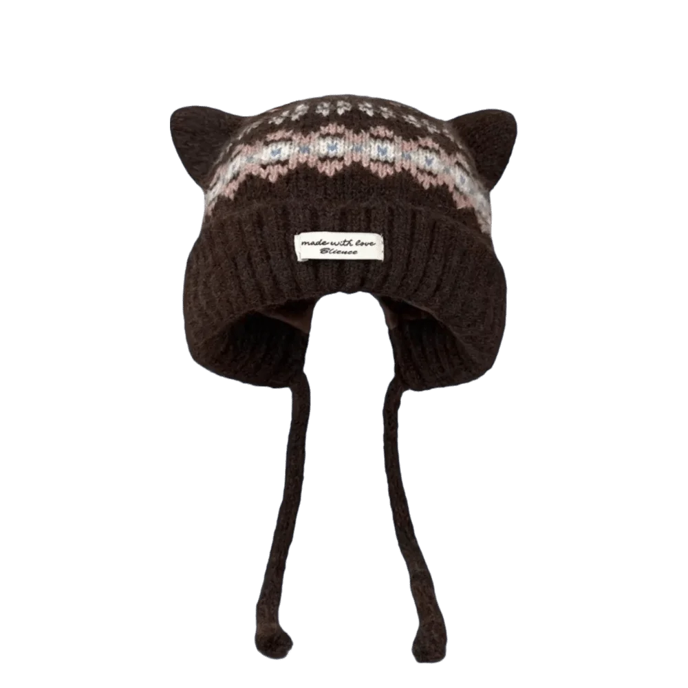 Fashion Cat Ear Knitted Woolen Cap Thickened Keep Warm Strap Beanie Hat Fell Island Style Windproof Winter Pullover Hat Winter