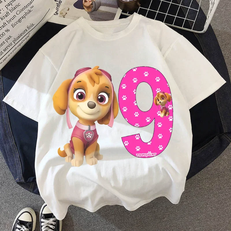 Paw Patrol Skye Puppy Dog T Shirt Happy Birthday Numbers 1-10 Years Children Girls T-shirts Summer Cute Kids Boys Clothes 2023