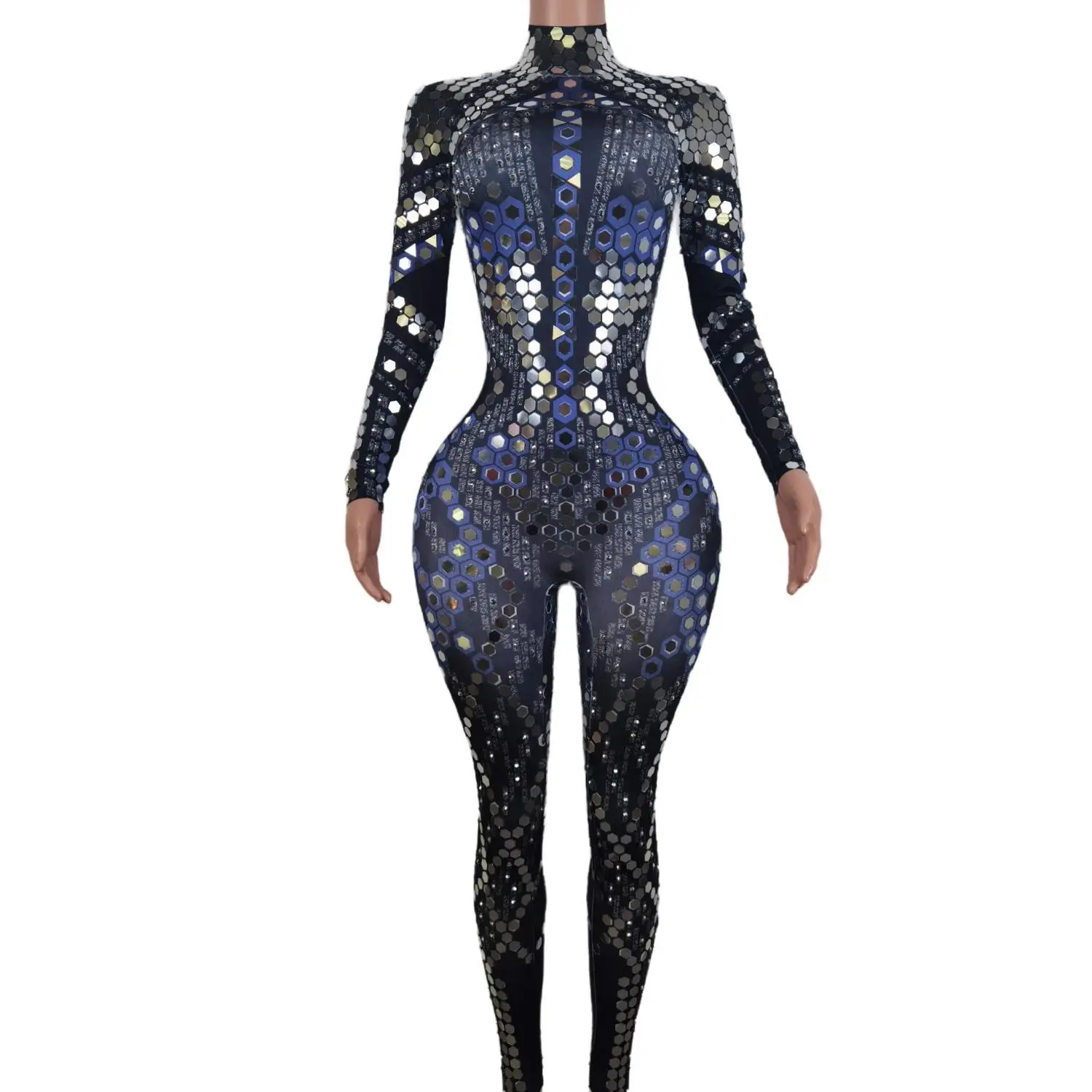 Fashion Long Sleeve Rhinestone Sequin Bodysuits Plus Size Spandex Dancer Leotard Bodycon Rompers Women Party One Piece Jumpsuits