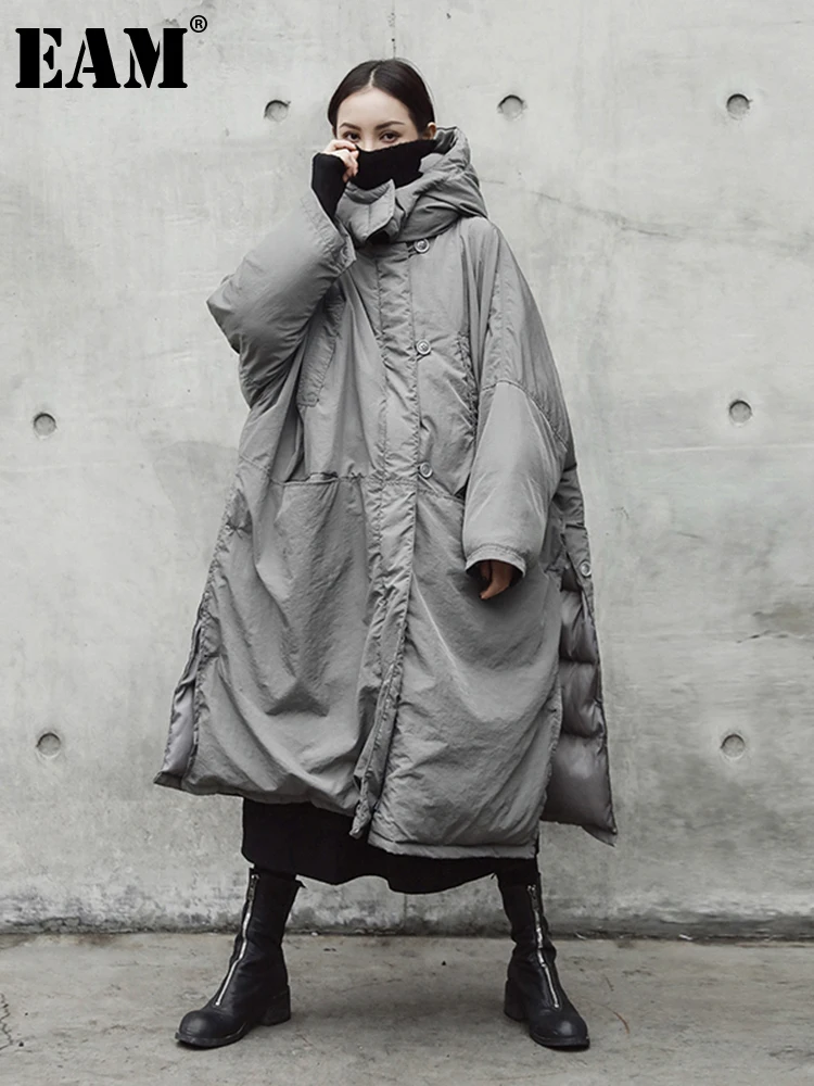 [EAM]  Hooded Cotton-padded Gray Big Size Long Warm Coat Long Sleeve Loose Fit Women Parkas Fashion Autumn Winter 2024 JE02002