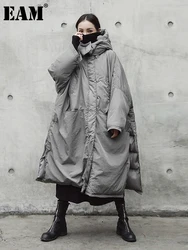 [EAM]  Hooded Cotton-padded Gray Big Size Long Warm Coat Long Sleeve Loose Fit Women Parkas Fashion Autumn Winter 2024 JE02002