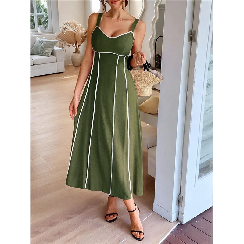 Abito lungo da donna a righe con cinturino per spaghetti ritagliato Abito lungo fluido