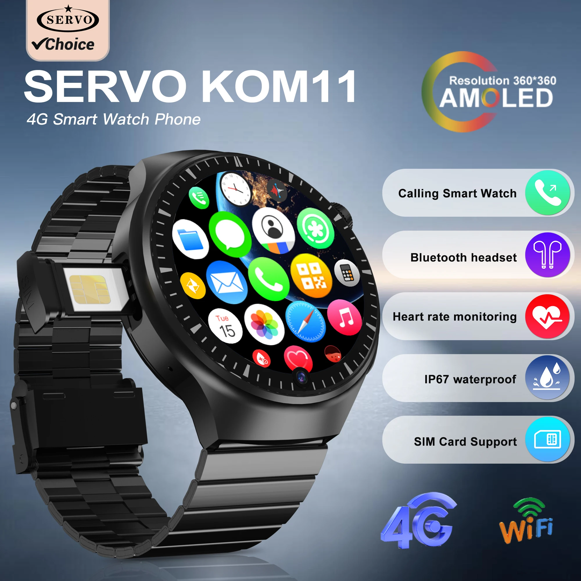 SERVO Android Smart Watch Phone 4G 2GB+32GB 1.62-inch Amoled Screen GPS WIF One SIM Standby Smartwatch Cellphones  for Sports