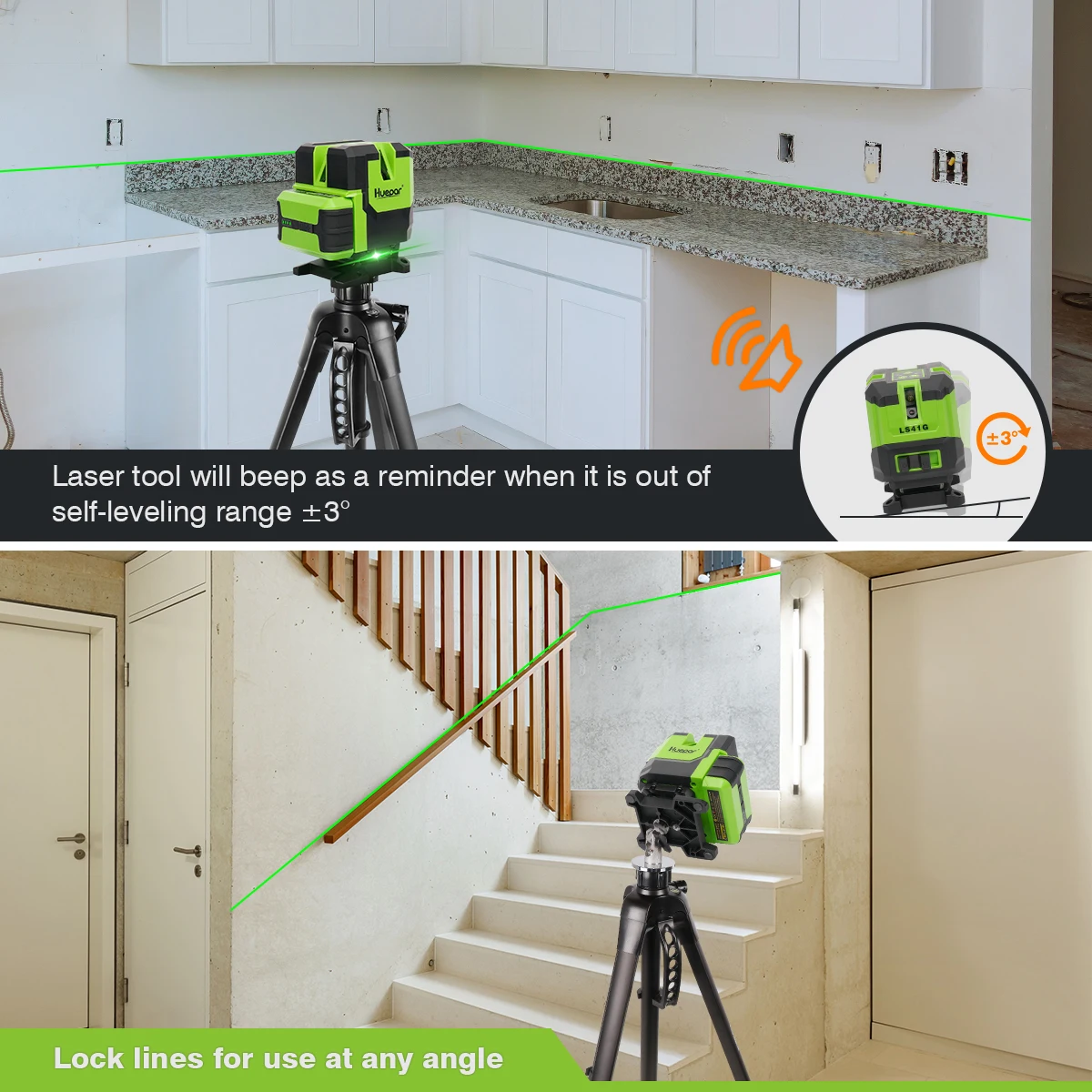 Huepar LS41G Green Line and Dot Laser Level 8 Lines Self Leveling Four Vertical One 360 Horizontal Laser
