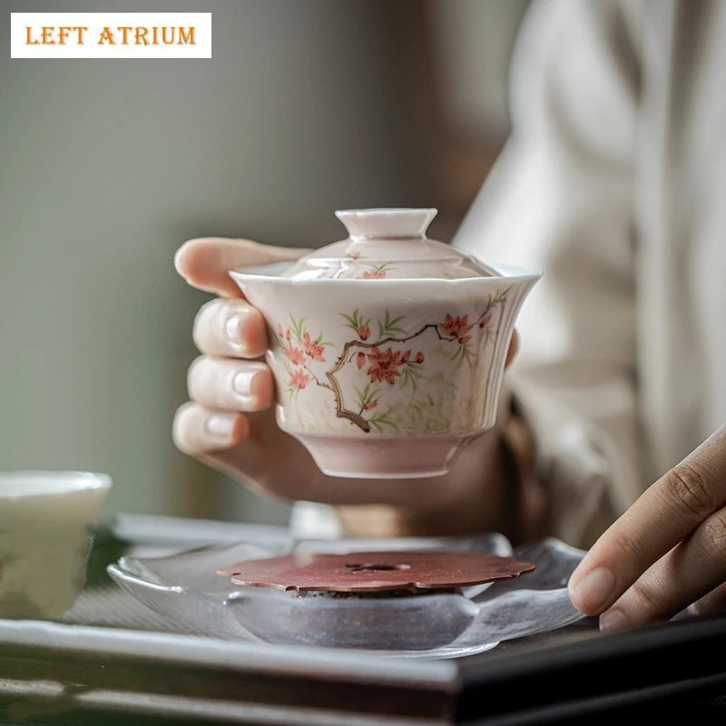 

Ручная роспись с цветком персика Gaiwan для чая, керамический набор чайной посуды, розовая китайская чайная чаша, чашка для чая Chawan