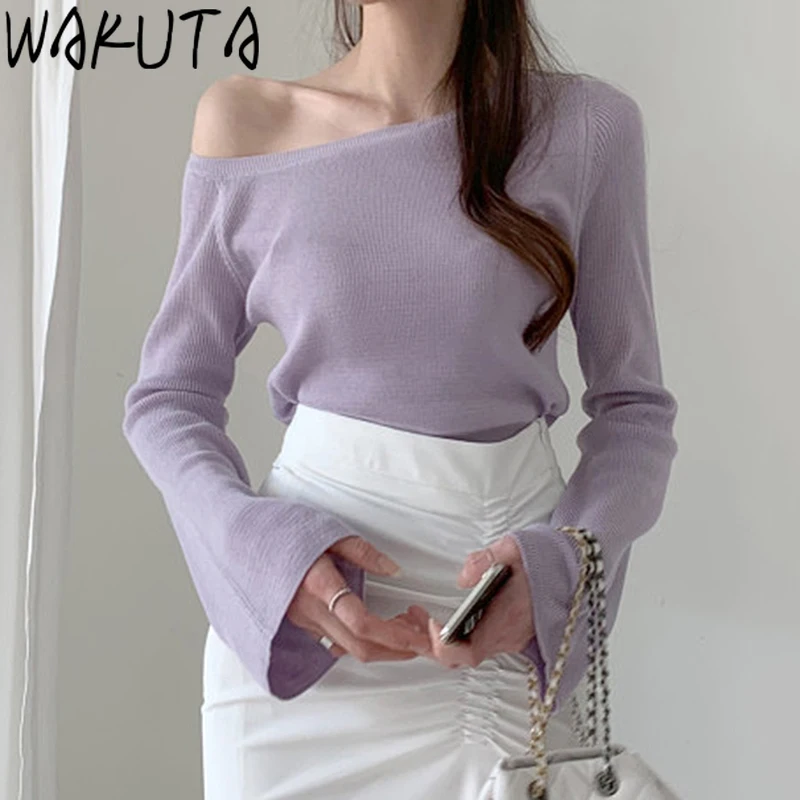 WAKUTA Elegant Sweet Canday Color Knitting Pullover Korean Street Fashion Flare Sleeve Screw Neck Thin Loose Sweaters Female