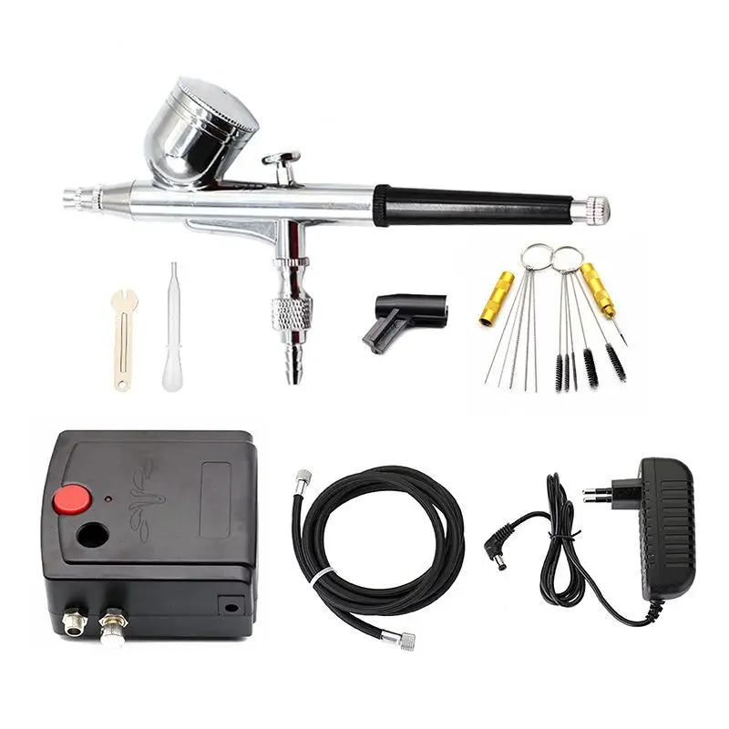 네일 에어브러시 용 0.3mm 에어 브러시 키트가있는 듀얼 액션 스프레이 건 에어 브러시 모델 케이크 자동차 페인팅 용 휴대용 미니 에어 브러시 세트