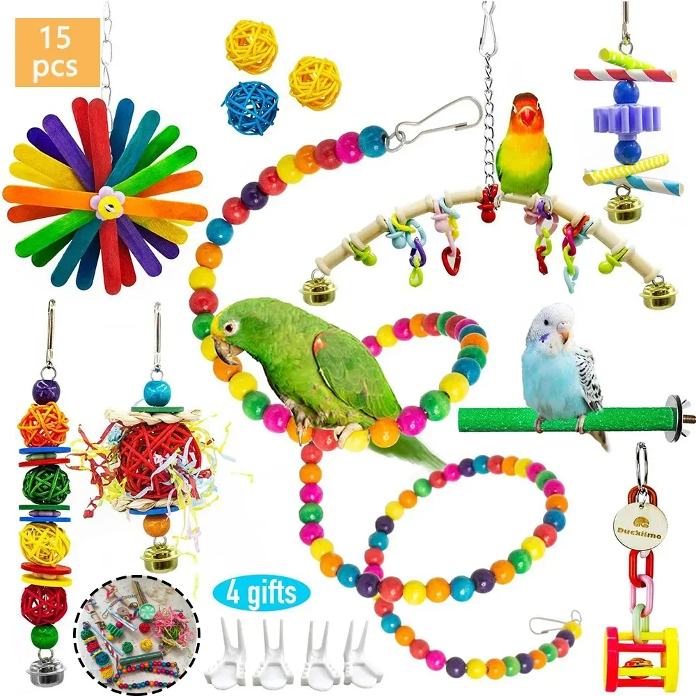 15 Piece Parrot Bird Cage Toys Wooden Bird Swing Reliable Chew Bite Bridge Wooden Bead Shape Parrot Toys Bird Toys