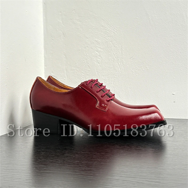 Men Glossy Bright Color Genuine Leather Lace Up Dress Oxford Shoes Square Toe Mid Block Heel Height Increasing Formal Shoes