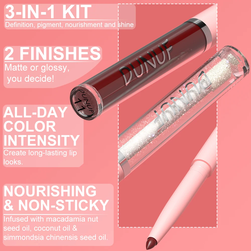 DUNUF 3Pc/set Red Matte Liquid Lipstick Nude Brown Lip Liner Pencil Kit Pigment Waterproof Lip Gloss Oil Lasting Lip Tint Kit