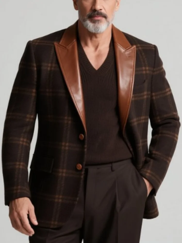 

Designer Classic Men's Suit Coat PU Splicing Plaid Lapel Tuxedos Peaked Breasted Groom Wear Business Party Blazer Customized